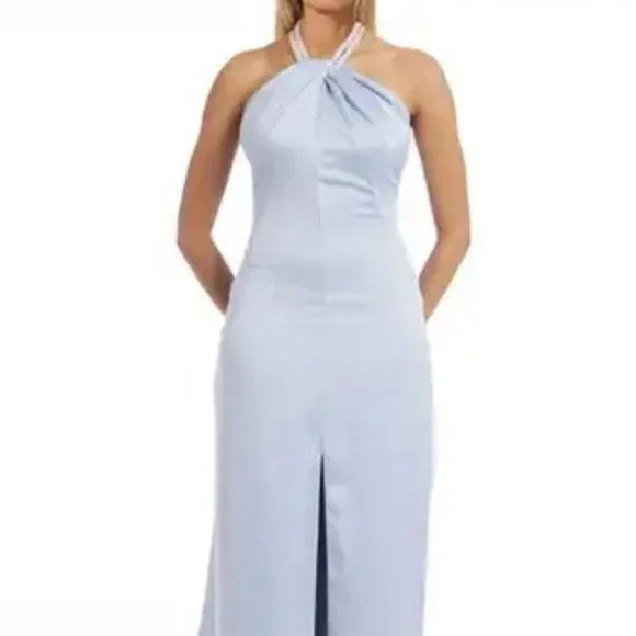Jewel Badgley Mischka | Dresses | Jewel Badgley Mishka Light Blue Fauxpearl Halter  Gown | Poshmark